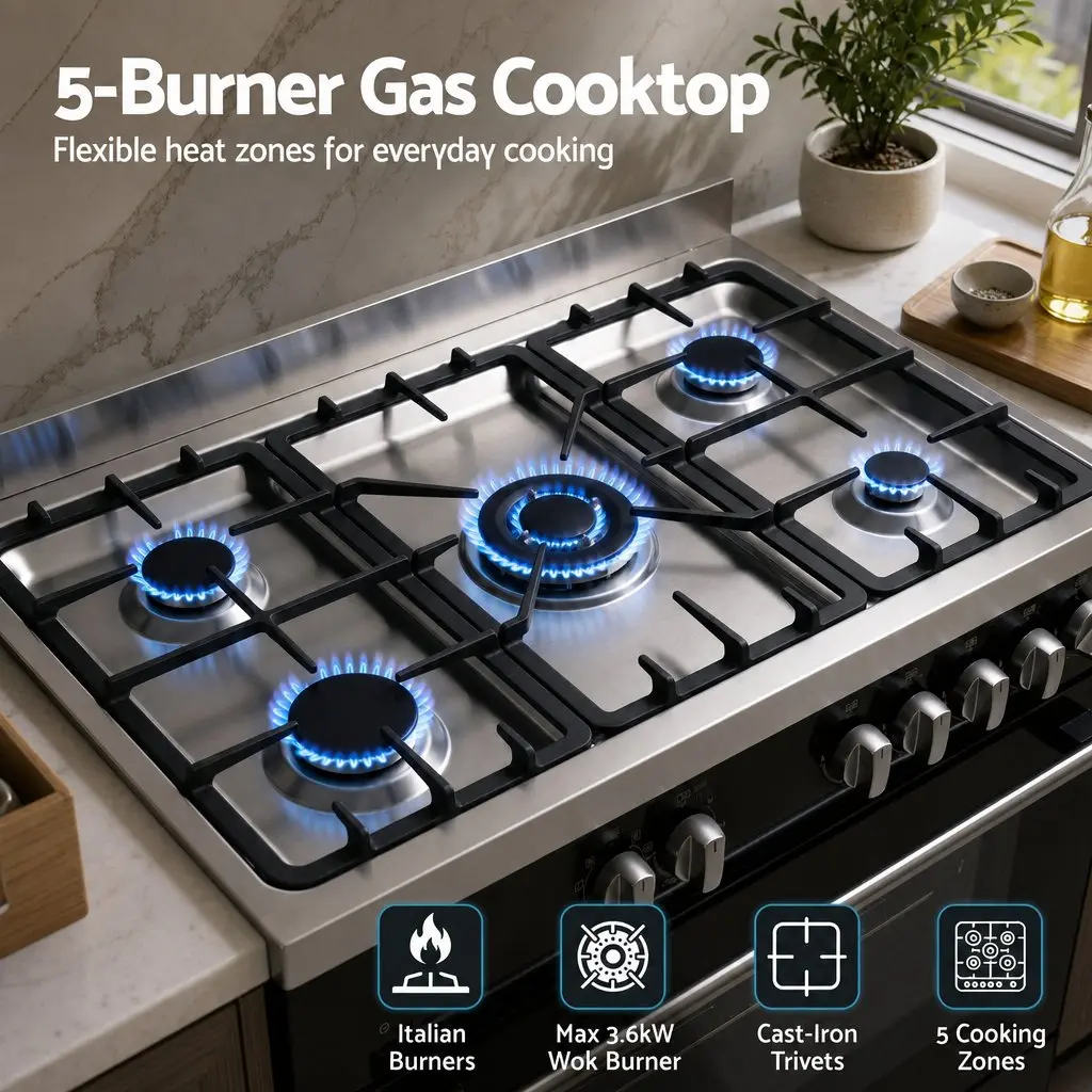 90cm Dual Fuel Freestanding Cooker 5 Burner Gas Cooktop Electric Oven Black