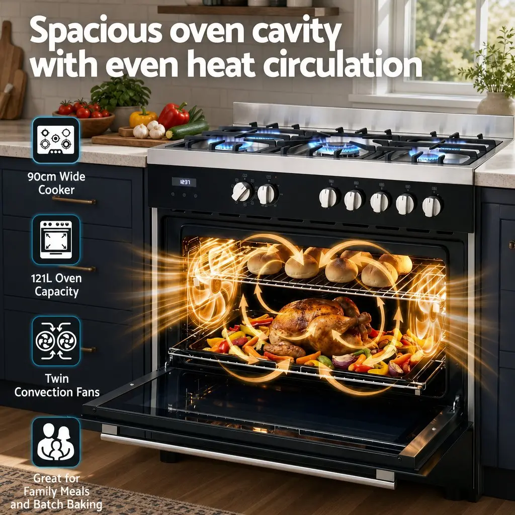 90cm Dual Fuel Freestanding Cooker 5 Burner Gas Cooktop Electric Oven Black