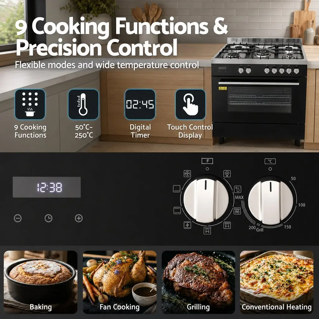 90cm Dual Fuel Freestanding Cooker 5 Burner Gas Cooktop Electric Oven Black