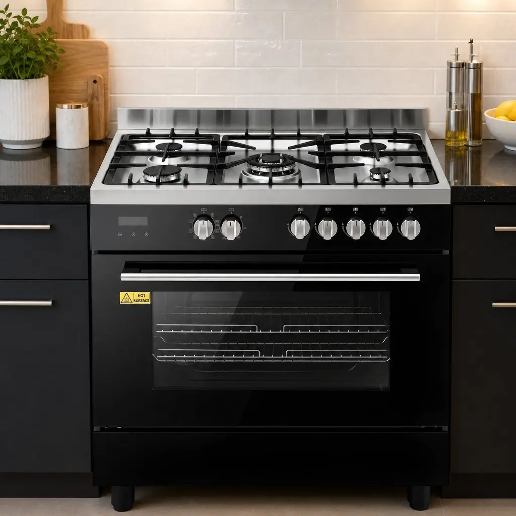 90cm Dual Fuel Freestanding Cooker 5 Burner Gas Cooktop Electric Oven Black