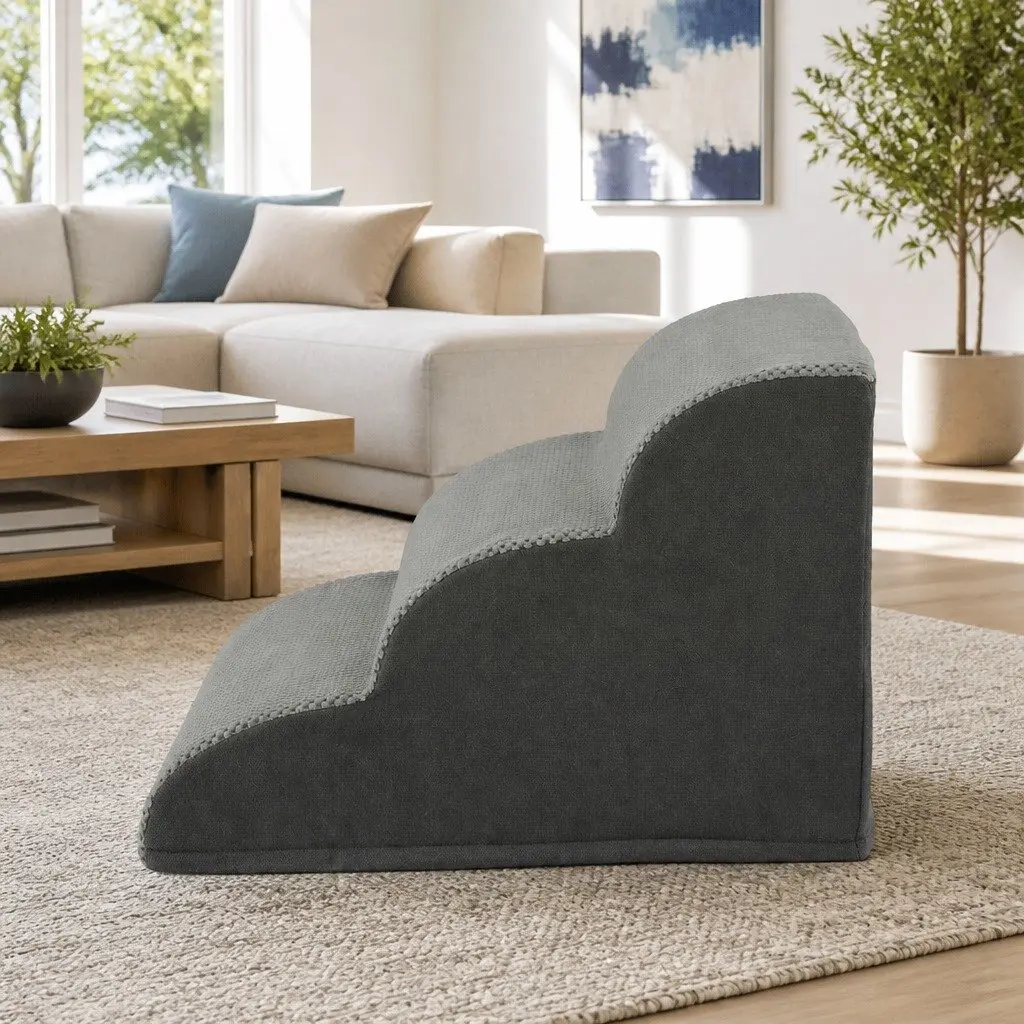 Dog Ramp Steps 3 Tier Pet Stairs Foam Portable For Bed Sofa Car Indoor Grey