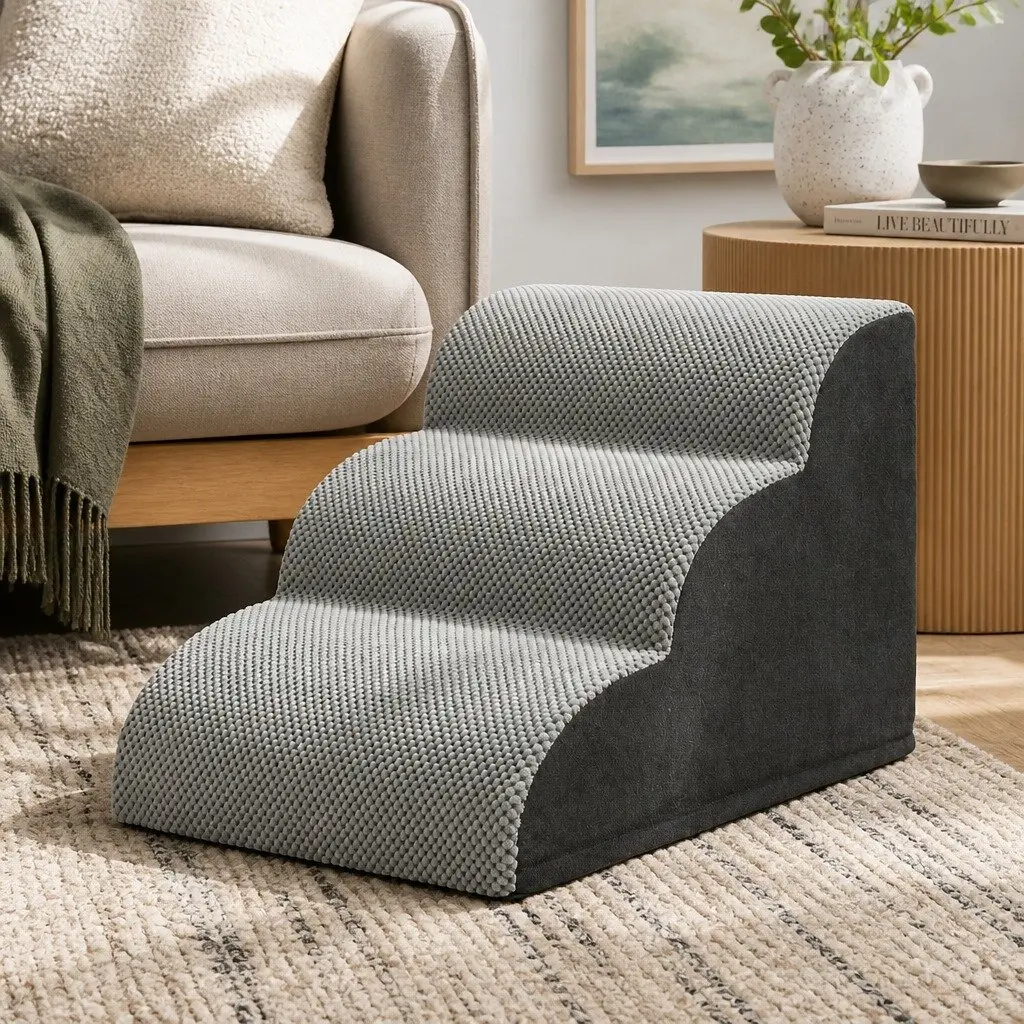 Dog Ramp Steps 3 Tier Pet Stairs Foam Portable For Bed Sofa Car Indoor Grey