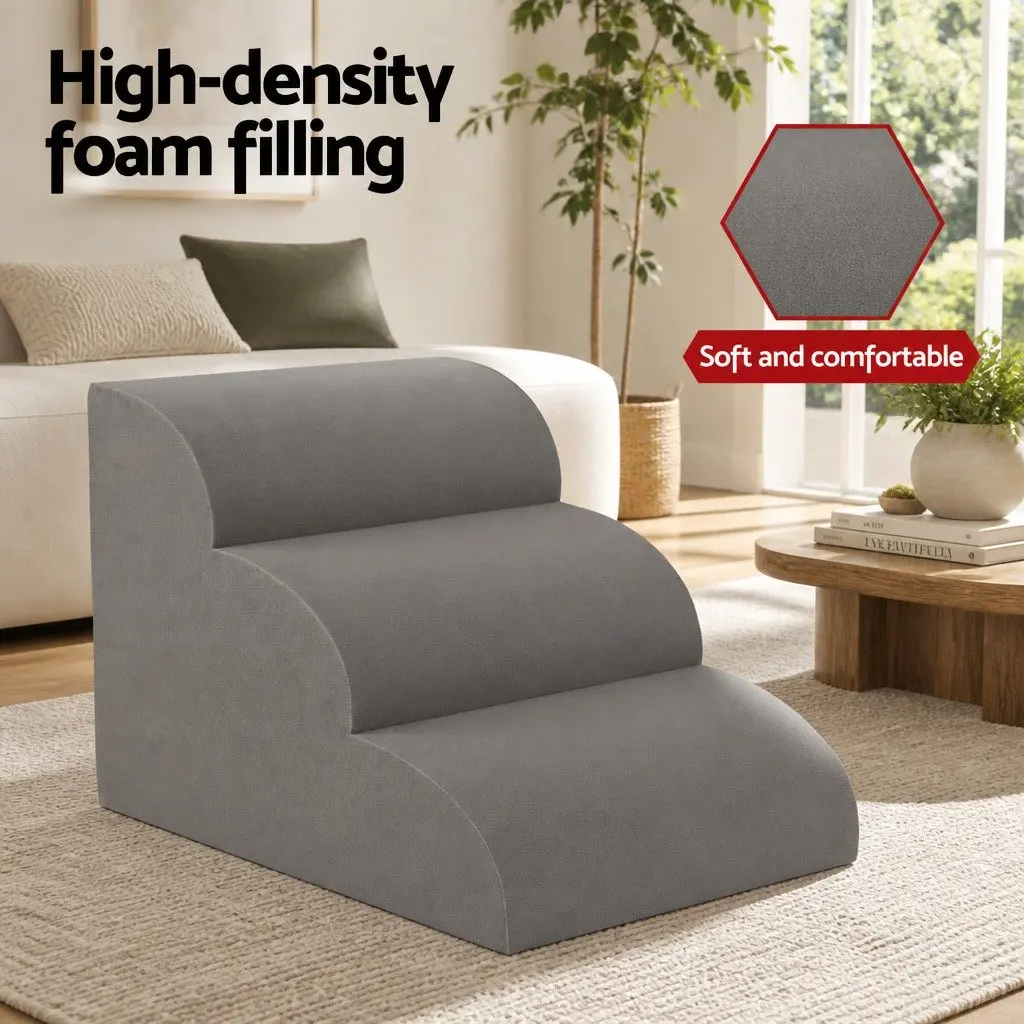 Dog Ramp Steps 3 Tier Pet Stairs Foam Portable For Bed Sofa Car Indoor Grey