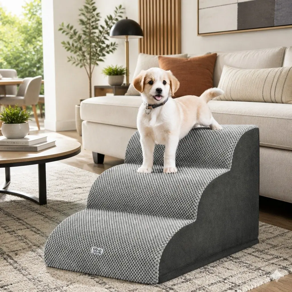 Dog Ramp Steps 3 Tier Pet Stairs Foam Portable For Bed Sofa Car Indoor Grey