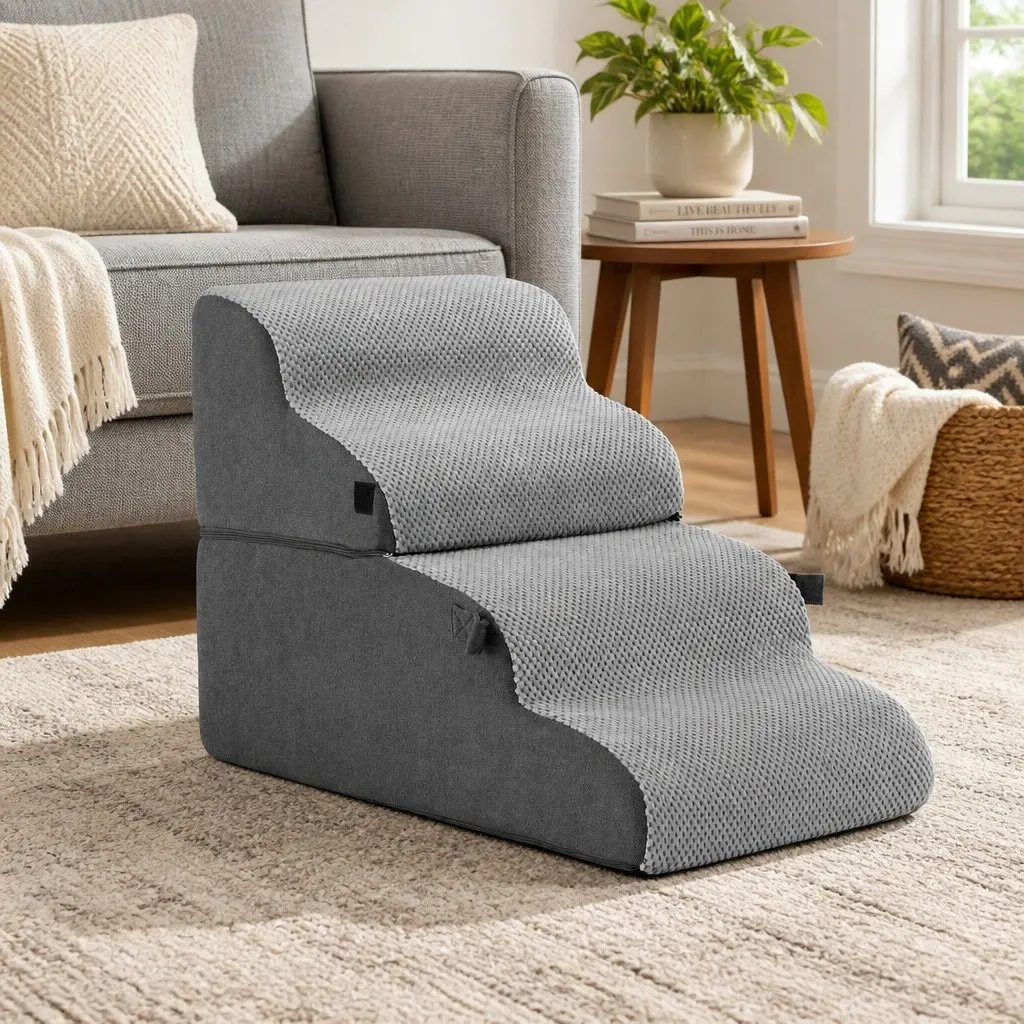 Dog Stairs and Bed 2-in-1 Foam Pet Ramp for Sofa and Car 40cm x 71cm x 50cm Grey