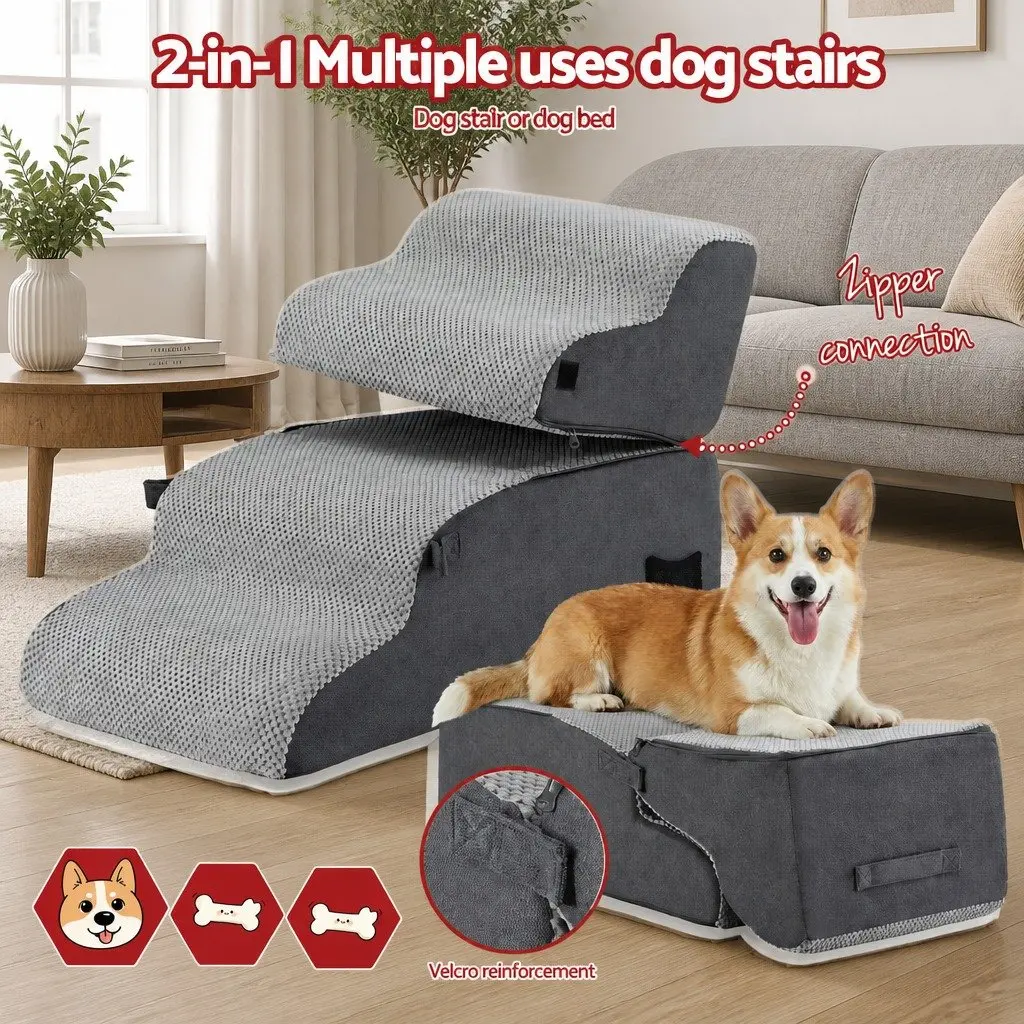 Dog Stairs and Bed 2-in-1 Foam Pet Ramp for Sofa and Car 40cm x 71cm x 50cm Grey