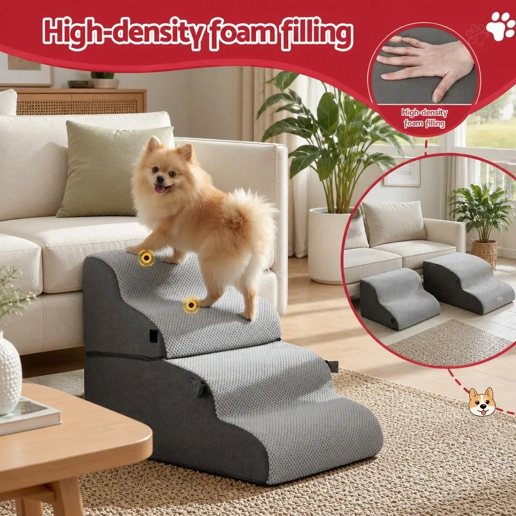 Dog Stairs and Bed 2-in-1 Foam Pet Ramp for Sofa and Car 40cm x 71cm x 50cm Grey