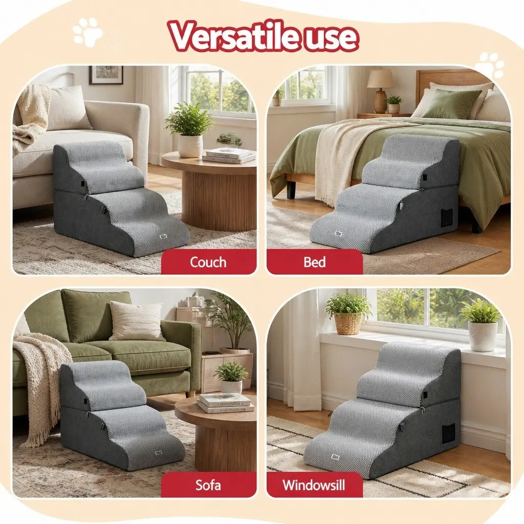 Dog Stairs and Bed 2-in-1 Foam Pet Ramp for Sofa and Car 40cm x 71cm x 50cm Grey