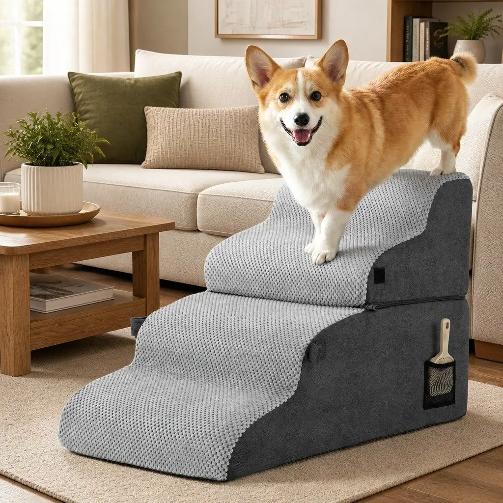 Dog Stairs and Bed 2-in-1 Foam Pet Ramp for Sofa and Car 40cm x 71cm x 50cm Grey
