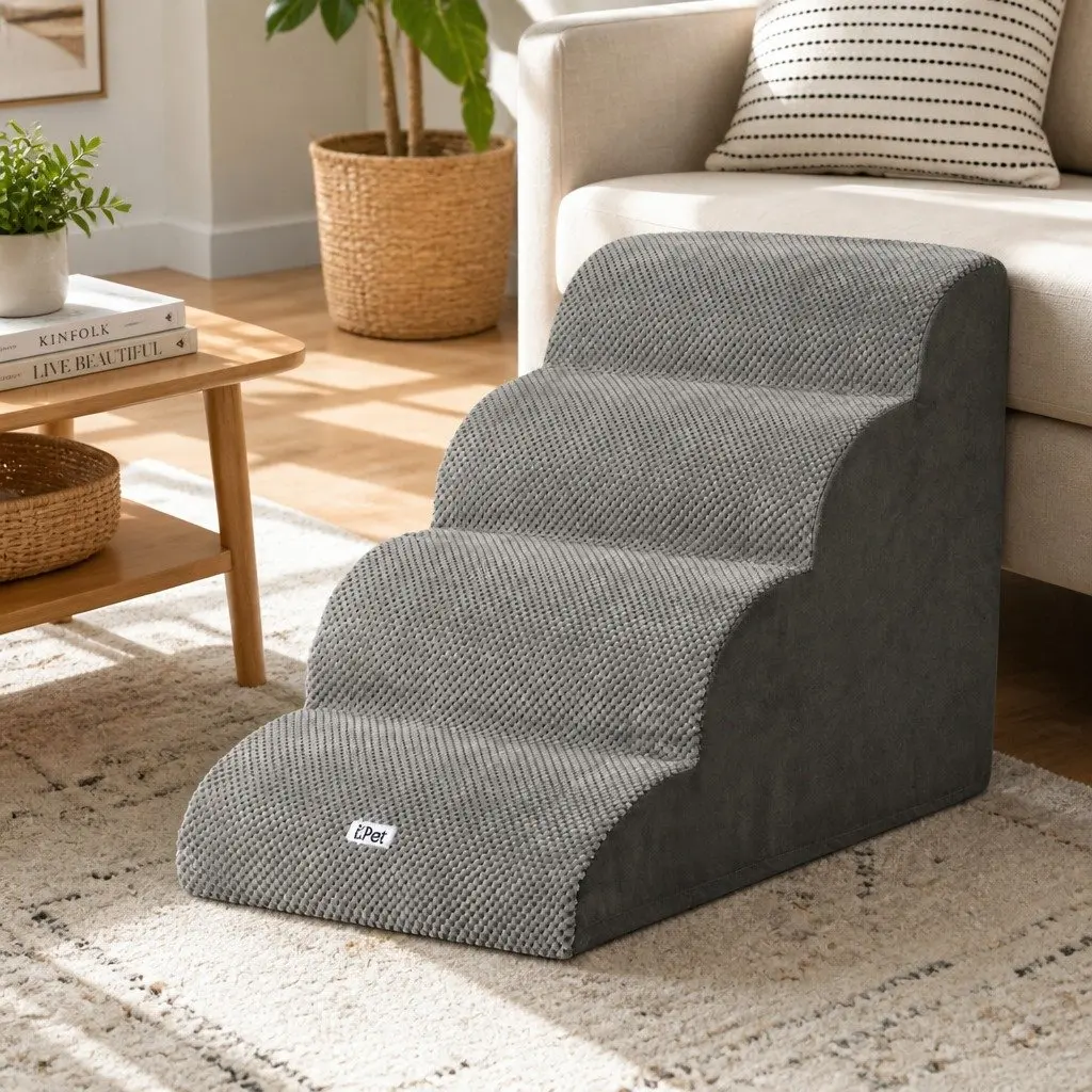 Dog Ramp Steps Pet Stairs 4 Tier Foam For Bed Sofa Car Portable Indoor Grey