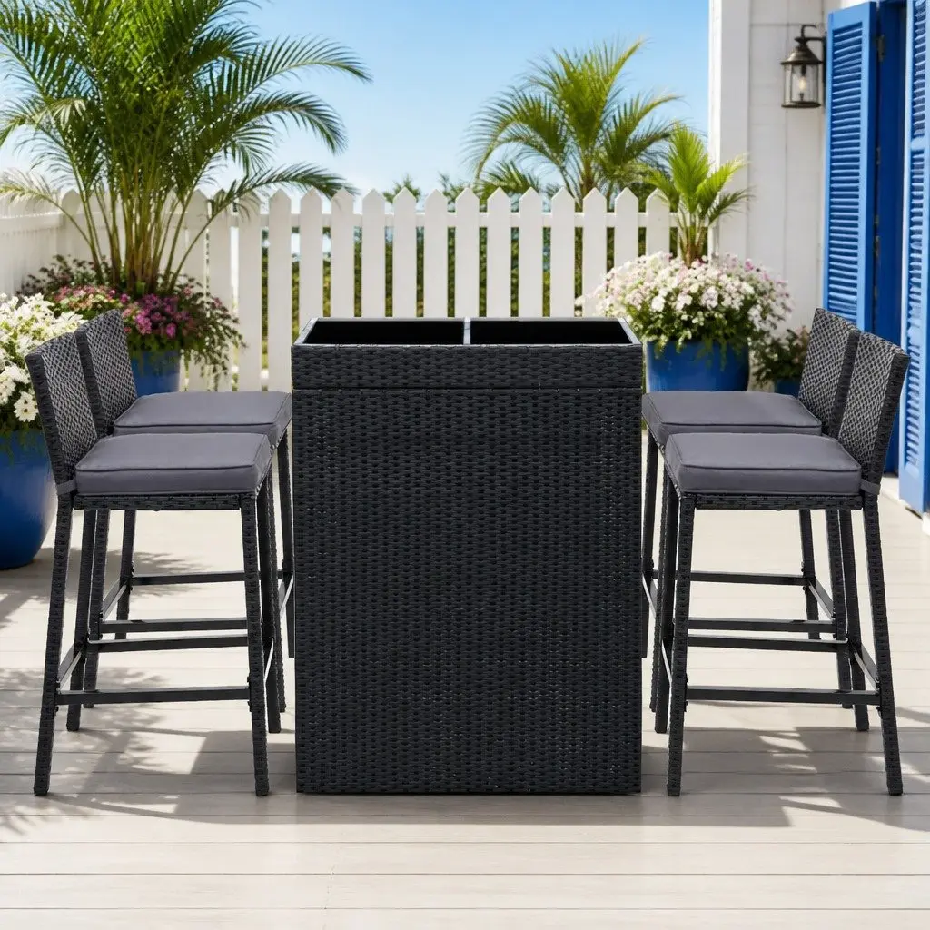 5 Piece Wicker Outdoor Bar Set with Dining Table and Cushioned Stools for Patio and Deck Black