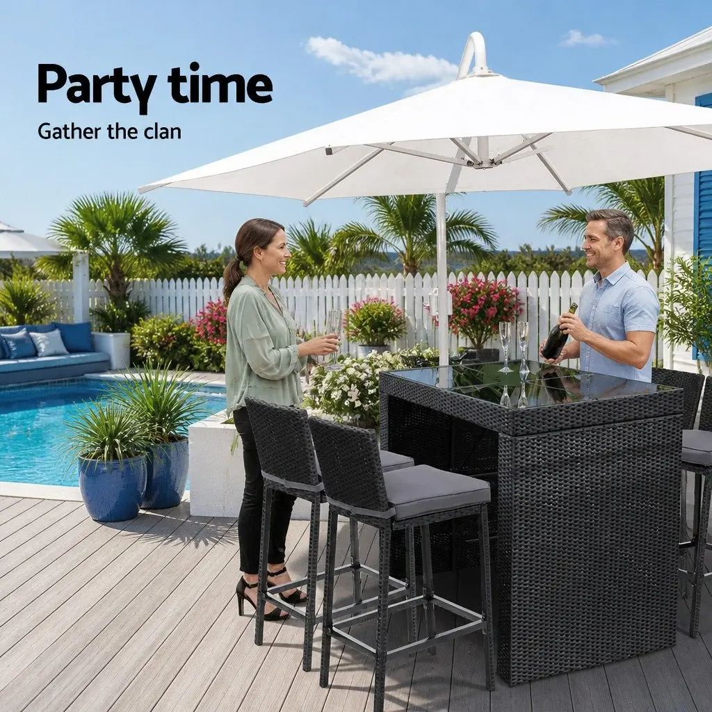 5 Piece Wicker Outdoor Bar Set with Dining Table and Cushioned Stools for Patio and Deck Black