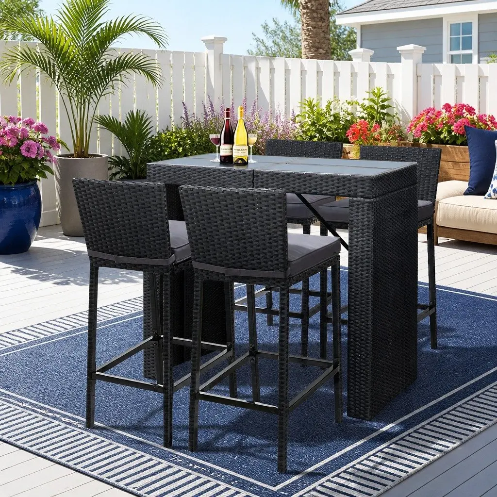 5 Piece Wicker Outdoor Bar Set with Dining Table and Cushioned Stools for Patio and Deck Black