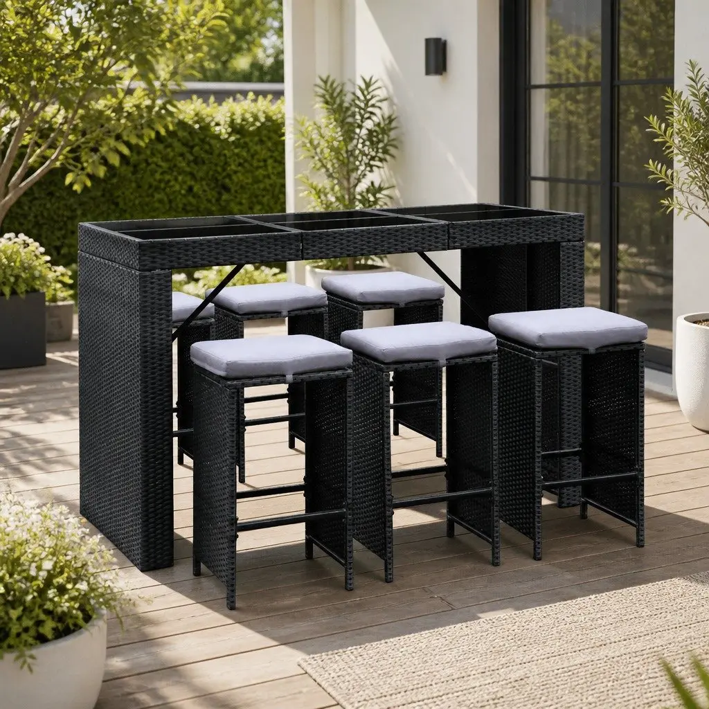 7-Piece Outdoor Bar Set Dining Table Stools Wicker Patio Black Setting