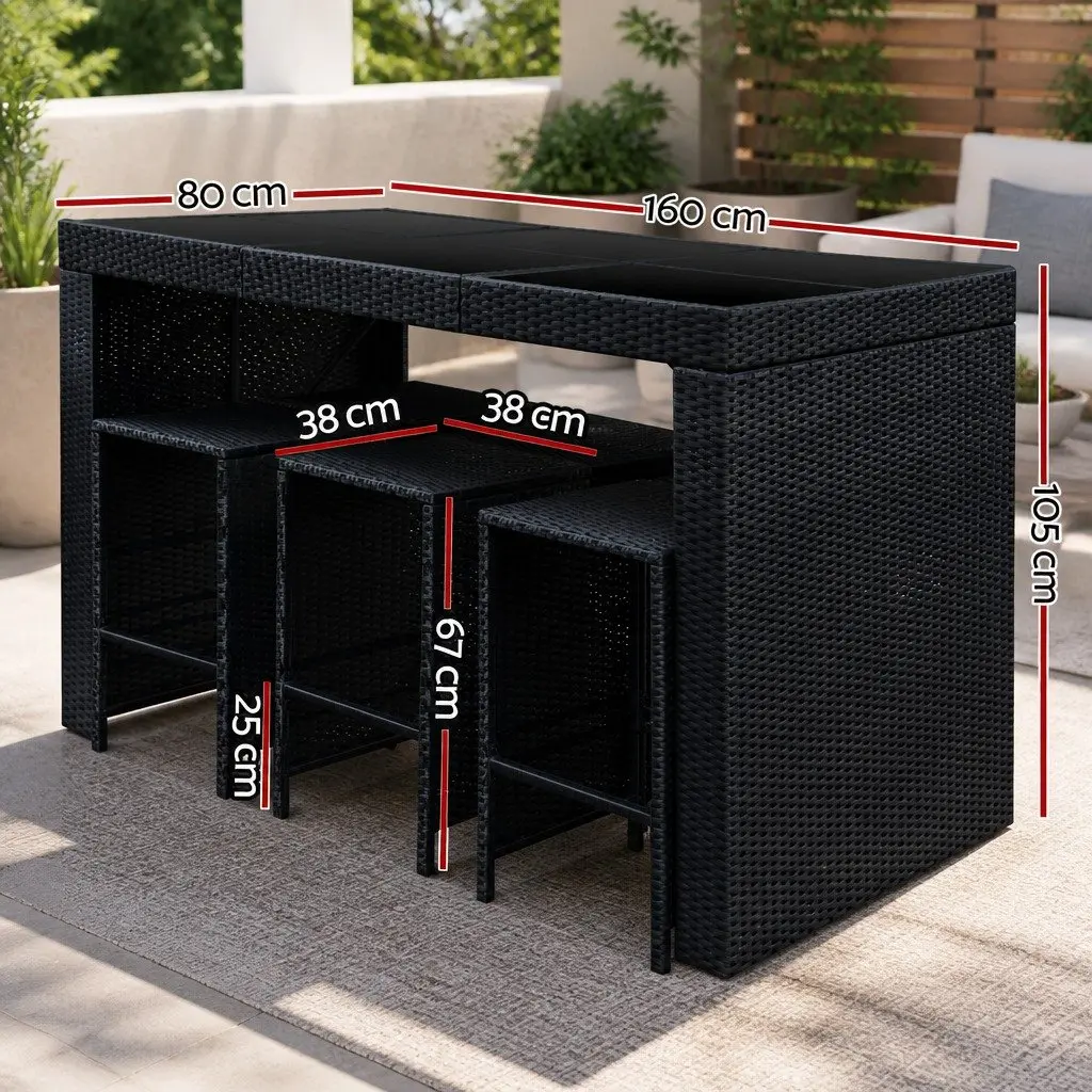 7 Piece Outdoor Bar Set Dining Table and Stools Wicker Patio Black