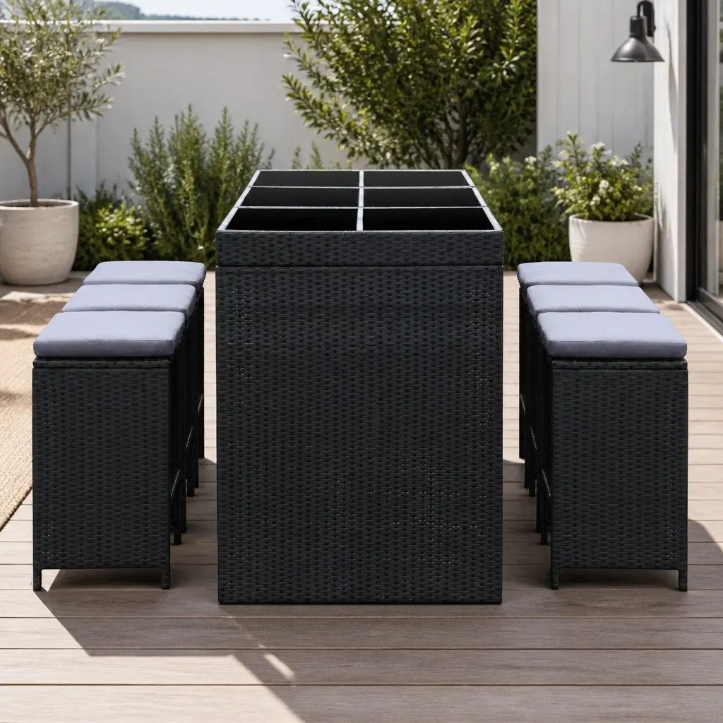 7 Piece Outdoor Bar Set Dining Table and Stools Wicker Patio Black