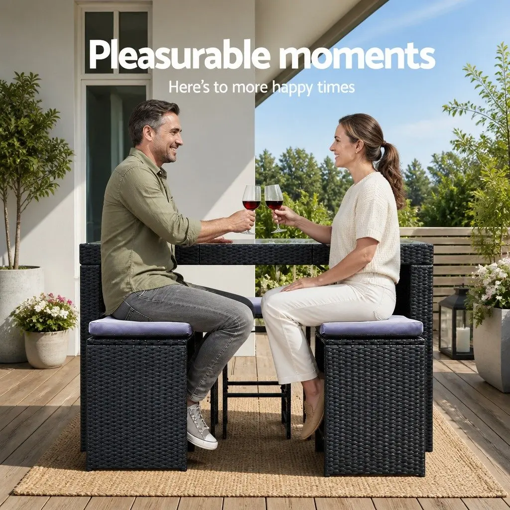 7 Piece Outdoor Bar Set Dining Table and Stools Wicker Patio Black
