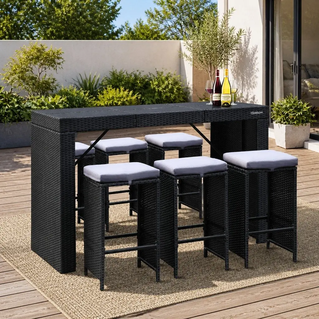 7 Piece Outdoor Bar Set Dining Table and Stools Wicker Patio Black