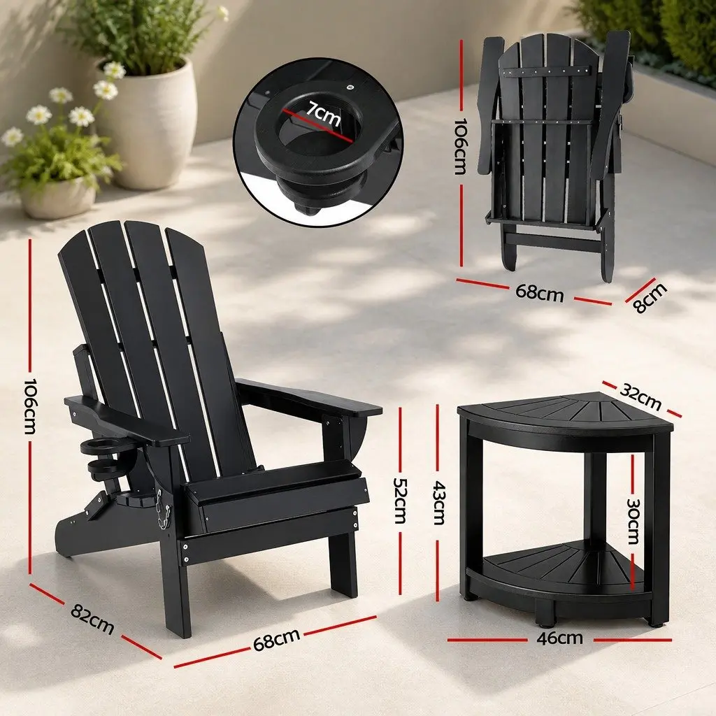 Adirondack Chair and Table Set Outdoor Foldable HDPE Black