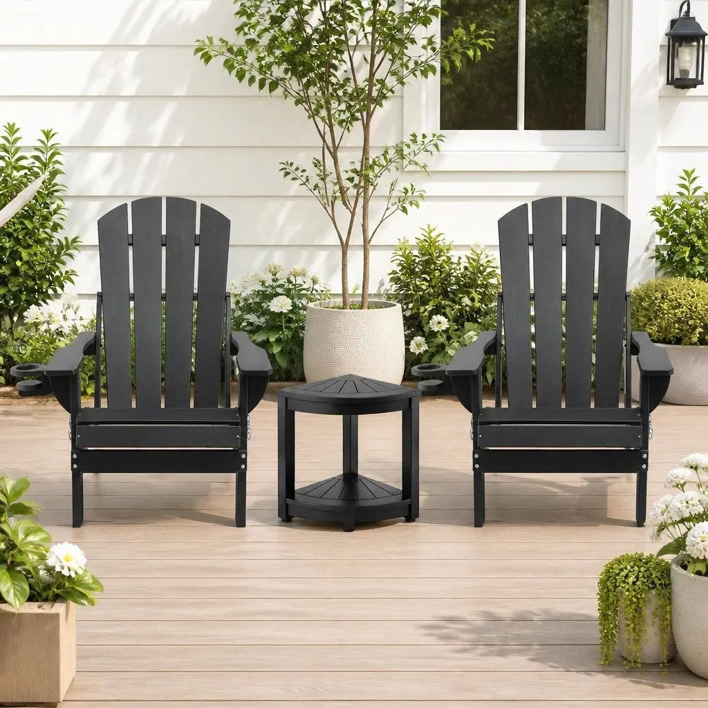 Adirondack Chair and Table Set Outdoor Foldable HDPE Black
