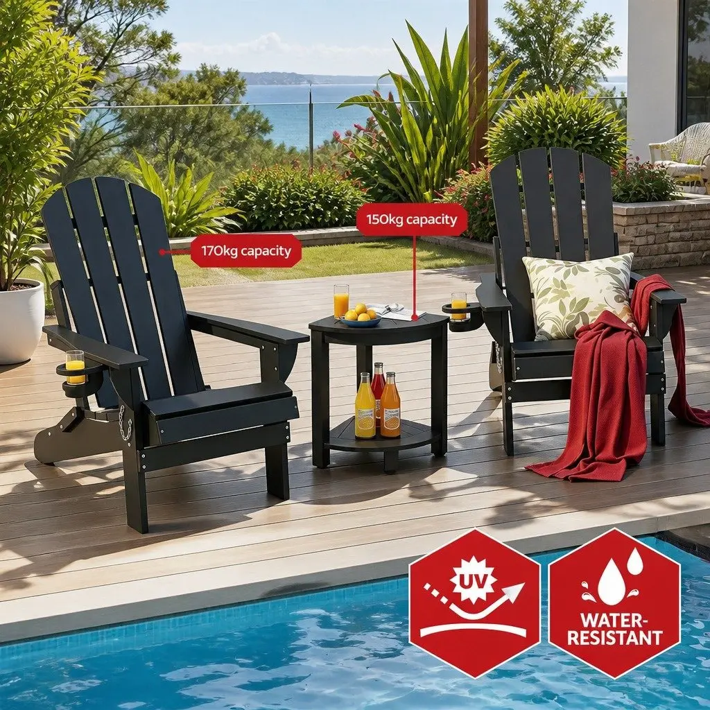 Adirondack Chair and Table Set Outdoor Foldable HDPE Black