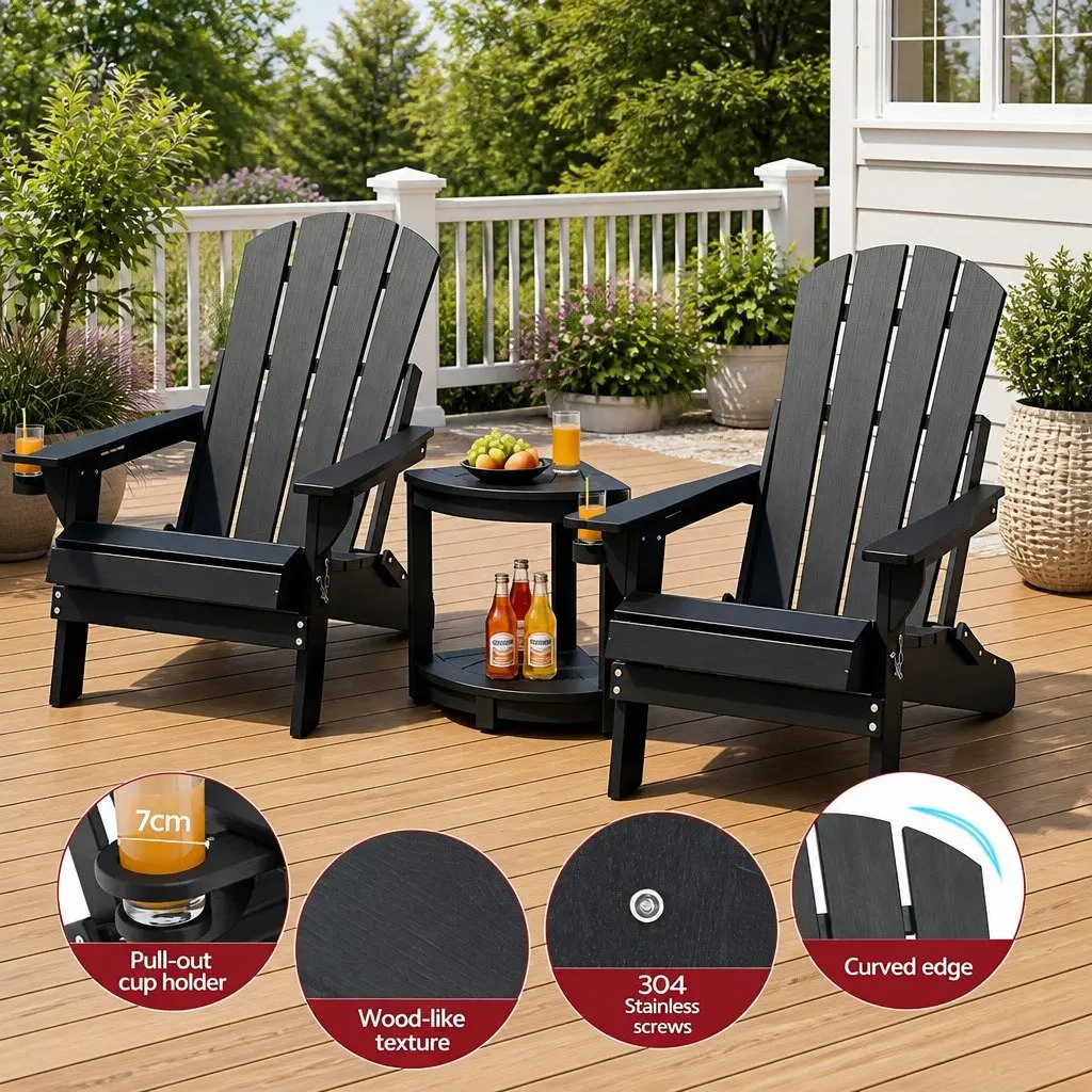 Adirondack Chair and Table Set Outdoor Foldable HDPE Black