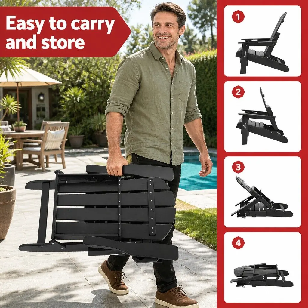 Adirondack Chair and Table Set Outdoor Foldable HDPE Black