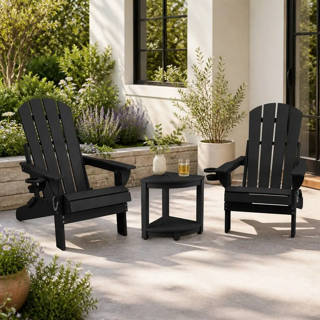 Adirondack Chair and Table Set Outdoor Foldable HDPE Black