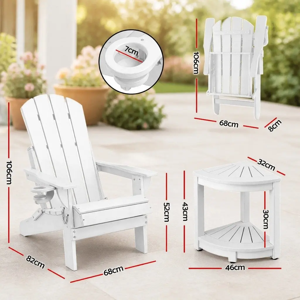 Adirondack Folding Chair and Table Set Outdoor Patio Furniture White 3 Piece