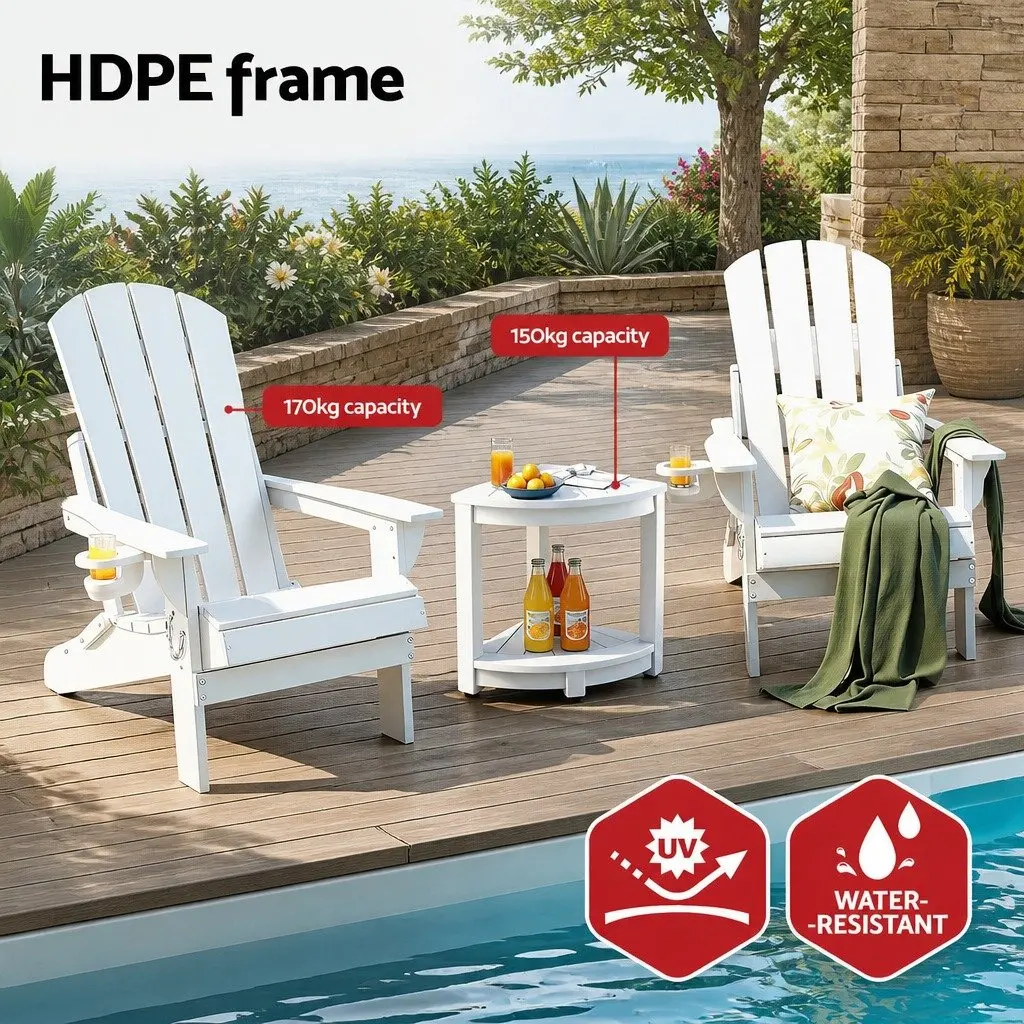 Adirondack Folding Chair and Table Set Outdoor Patio Furniture White 3 Piece