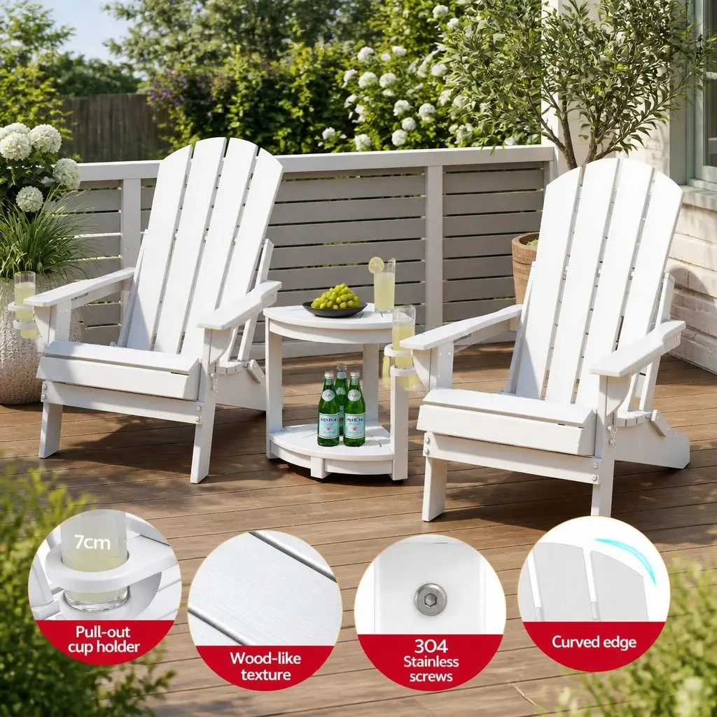 Adirondack Folding Chair and Table Set Outdoor Patio Furniture White 3 Piece