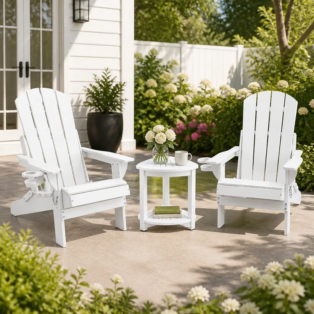 Adirondack Folding Chair and Table Set Outdoor Patio Furniture White 3 Piece