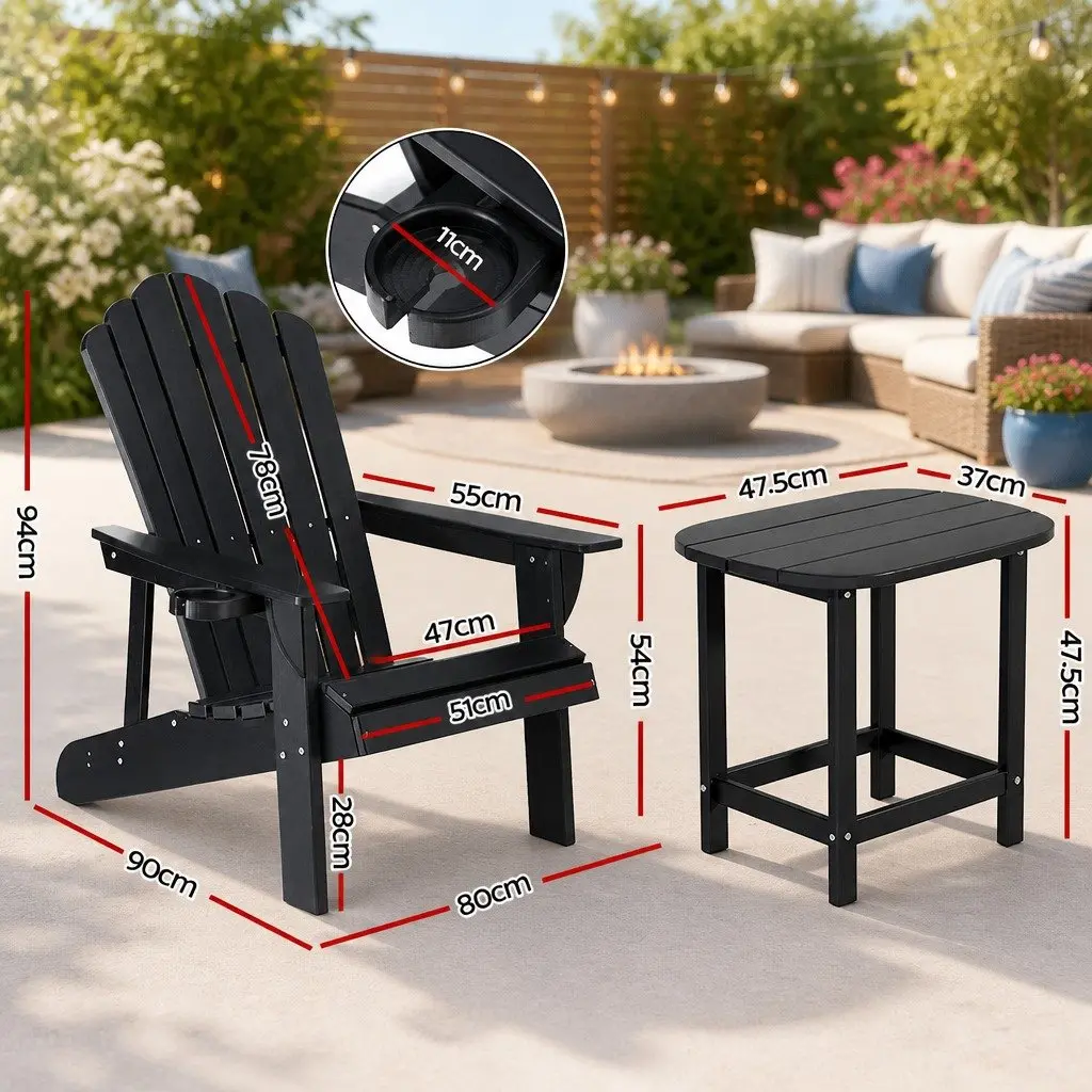 Adirondack Chair and Table Set 3-Piece Outdoor Lounge Patio Furniture Black