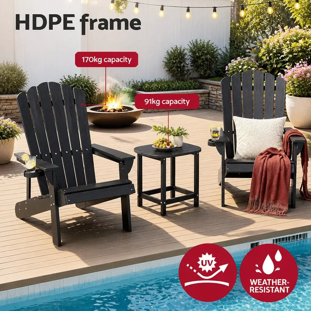 Adirondack Chair and Table Set 3-Piece Outdoor Lounge Patio Furniture Black