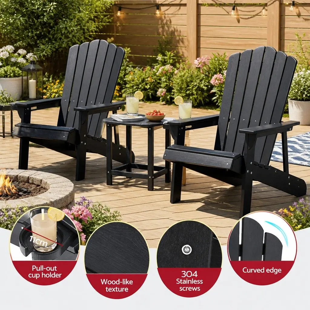 Adirondack Chair and Table Set 3-Piece Outdoor Lounge Patio Furniture Black
