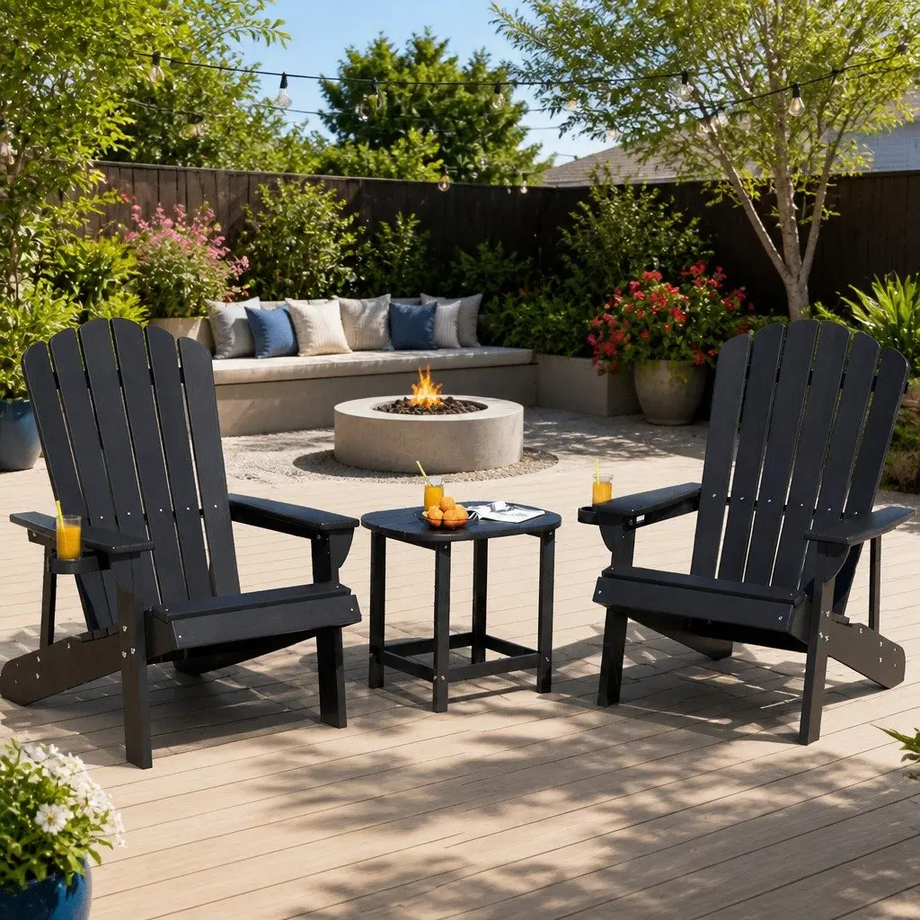Adirondack Chair and Table Set 3-Piece Outdoor Lounge Patio Furniture Black