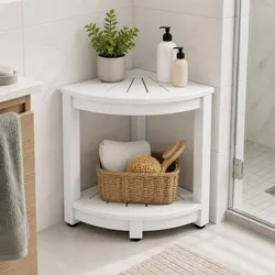 White HDPE Corner Shower Stool with Storage Shelf - 46x32x43cm