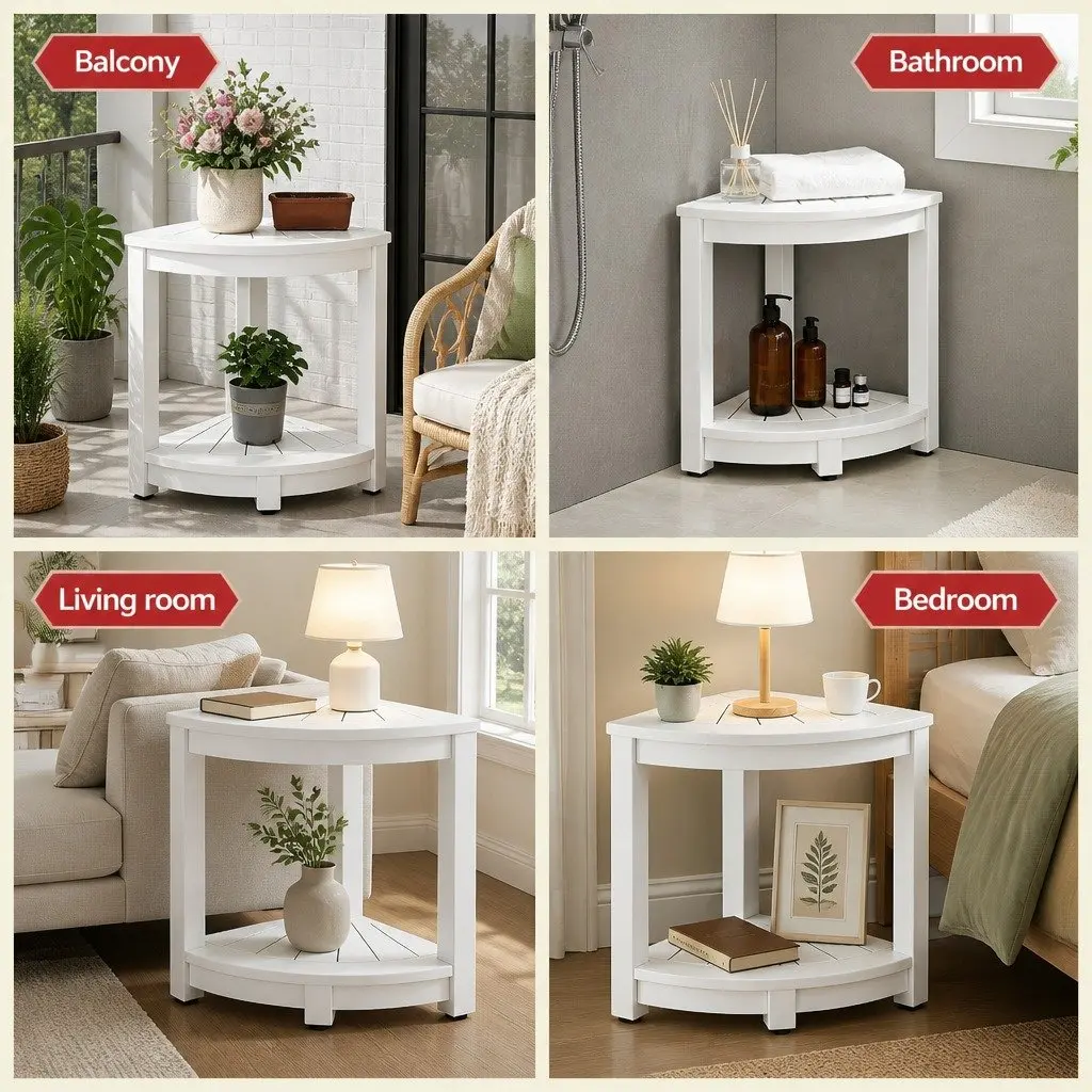 Corner Shower Stool Side Table Indoor Outdoor Furniture White 46 x 32 x 43cm