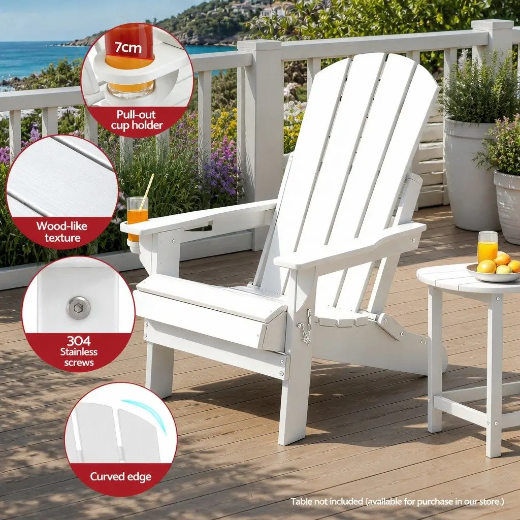 Outdoor Folding Adirondack Chair for Patio Beach Garden White