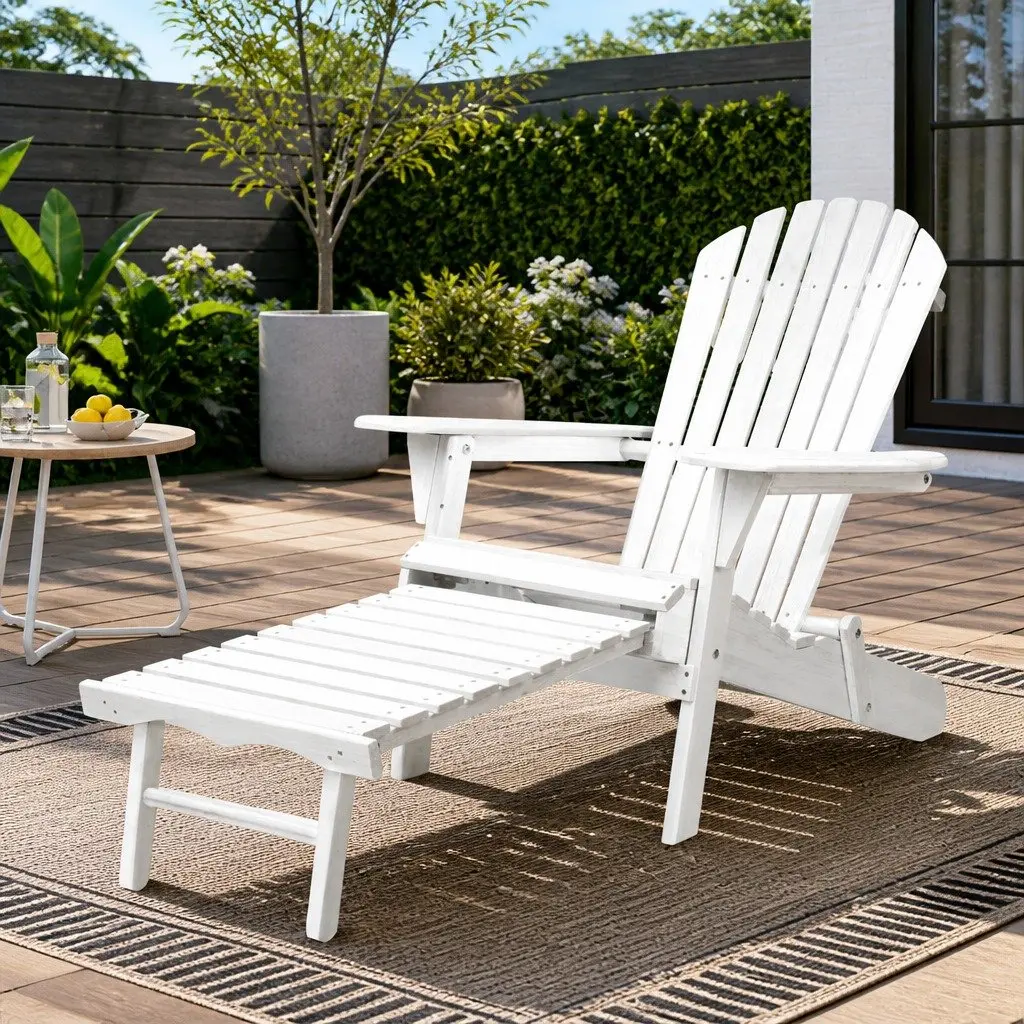 Adirondack Lounge Chair Outdoor Patio Furniture White with Slide-out Ottoman
