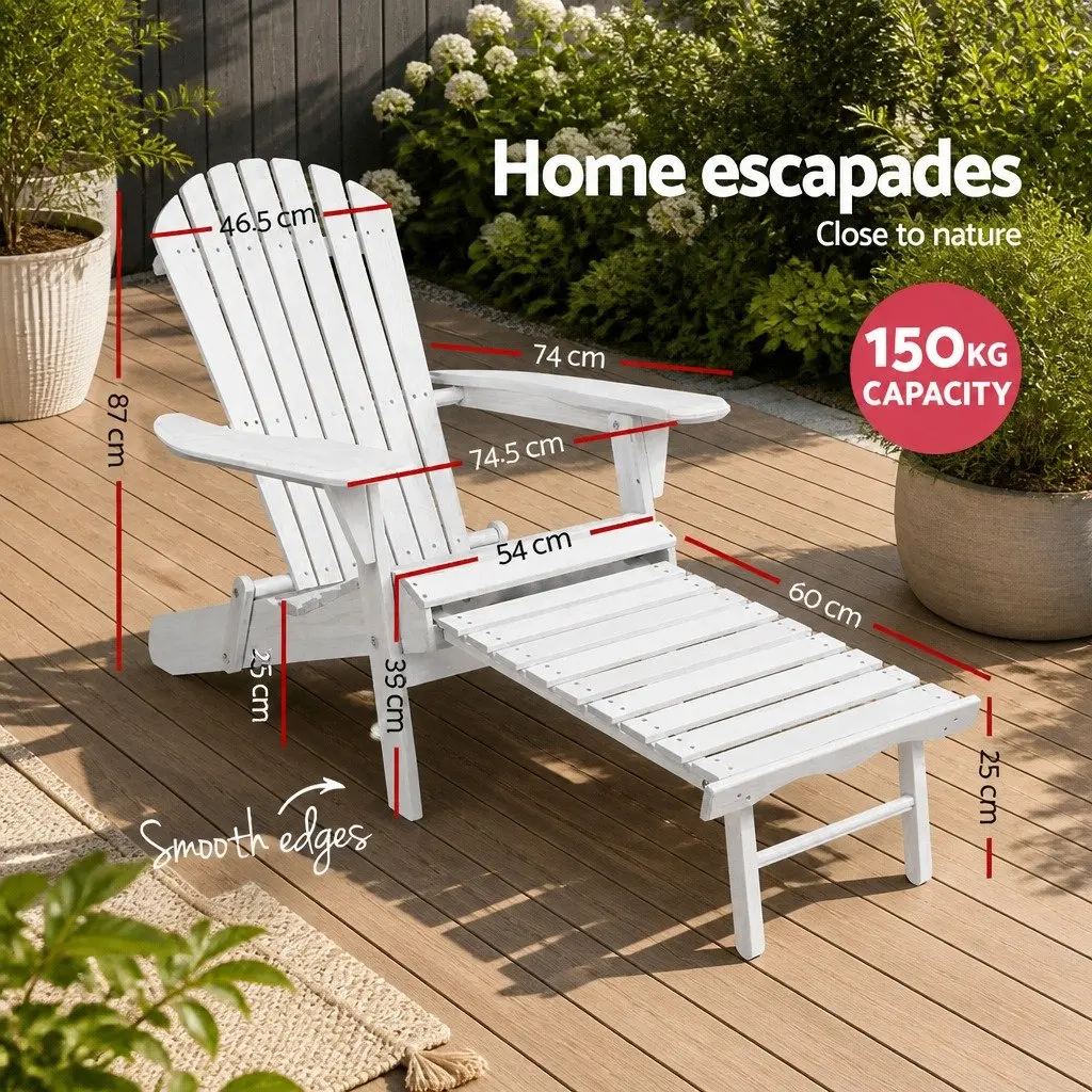 Adirondack Lounge Chair Outdoor Patio Furniture White with Slide-out Ottoman