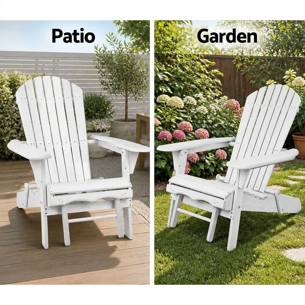 Adirondack Lounge Chair Outdoor Patio Furniture White with Slide-out Ottoman