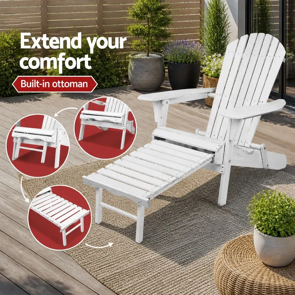 Adirondack Lounge Chair Outdoor Patio Furniture White with Slide-out Ottoman
