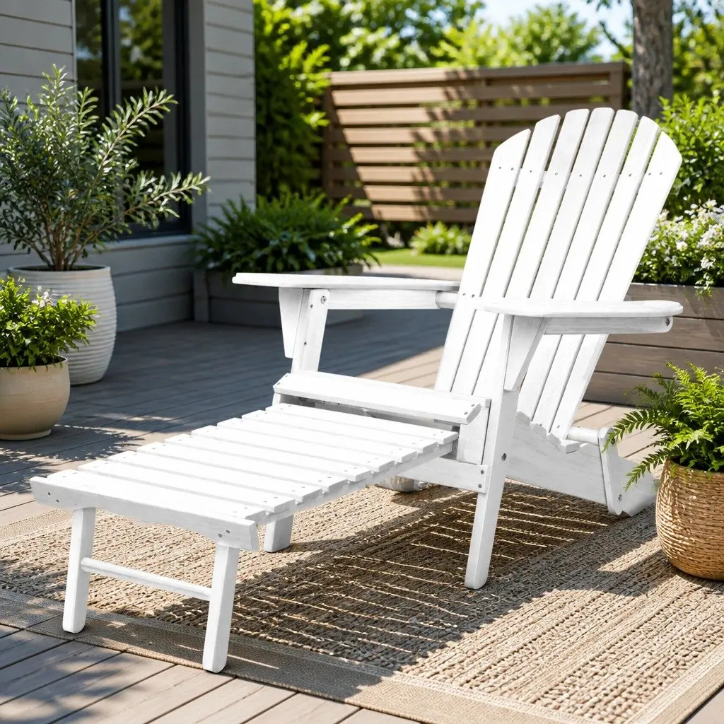 Adirondack Lounge Chair Outdoor Patio Furniture White with Slide-out Ottoman