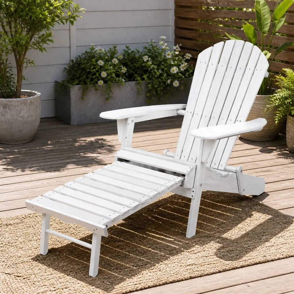 Adirondack Lounge Chair Outdoor Patio Furniture White with Slide-out Ottoman