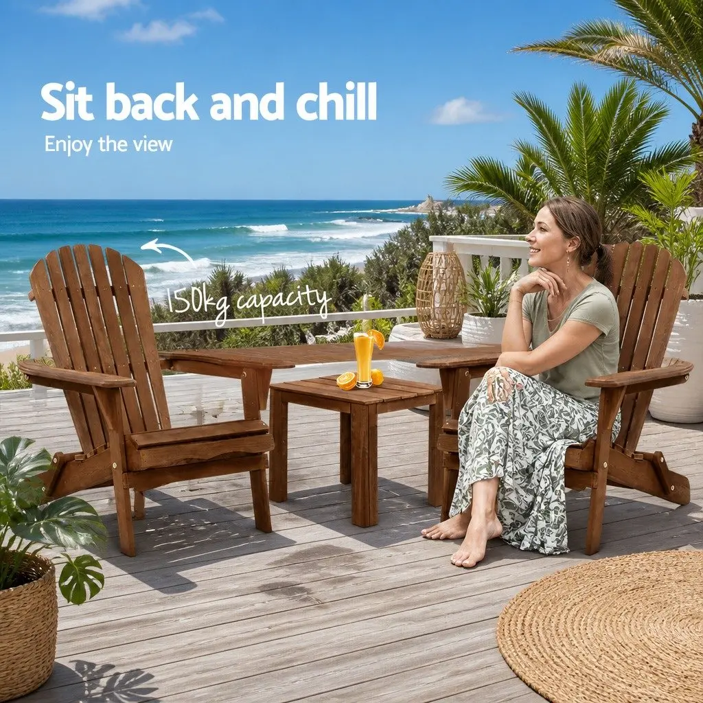 Adirondack Outdoor Lounge Set for Garden 3 Piece Foldable Wooden Chairs and Side Table