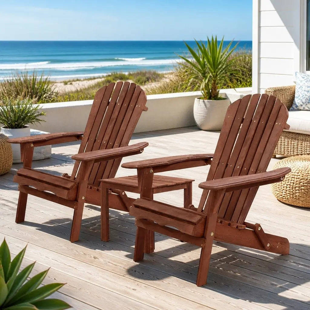 Adirondack Outdoor Lounge Set for Garden 3 Piece Foldable Wooden Chairs and Side Table