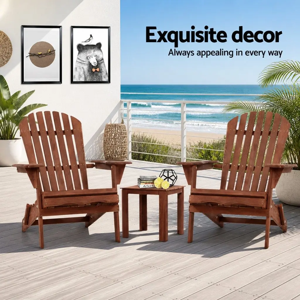 Adirondack Outdoor Lounge Set for Garden 3 Piece Foldable Wooden Chairs and Side Table