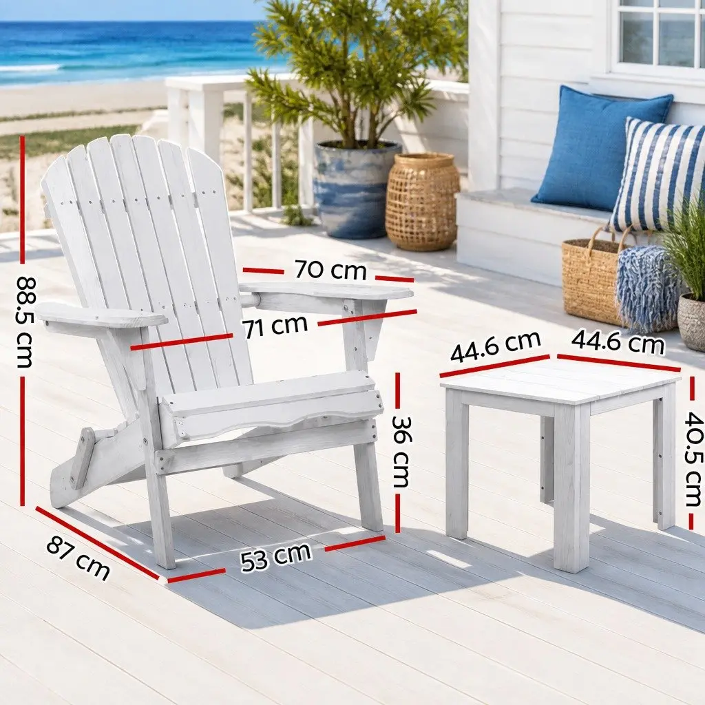 Adirondack Outdoor Chair and Side Table Set for Patio Garden 3 Piece Foldable Wooden White
