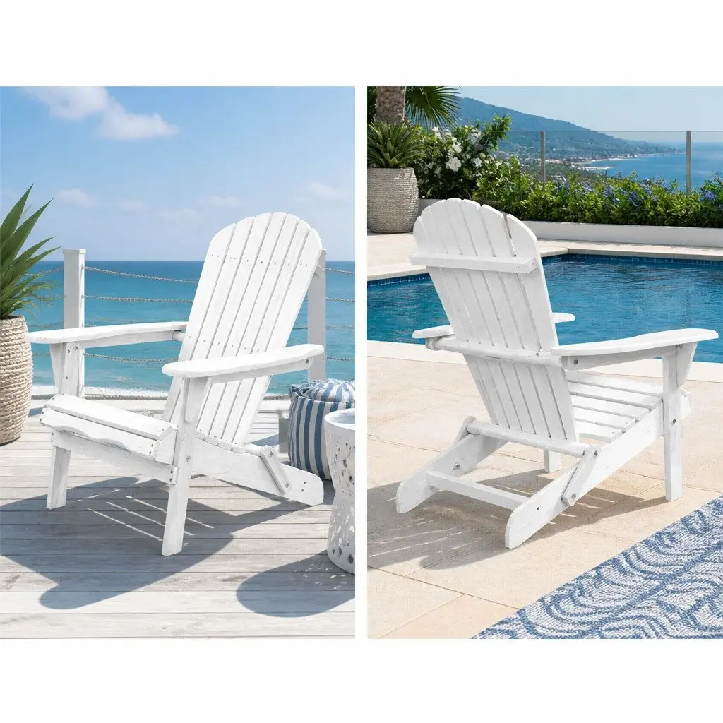 Adirondack Outdoor Chair and Side Table Set for Patio Garden 3 Piece Foldable Wooden White